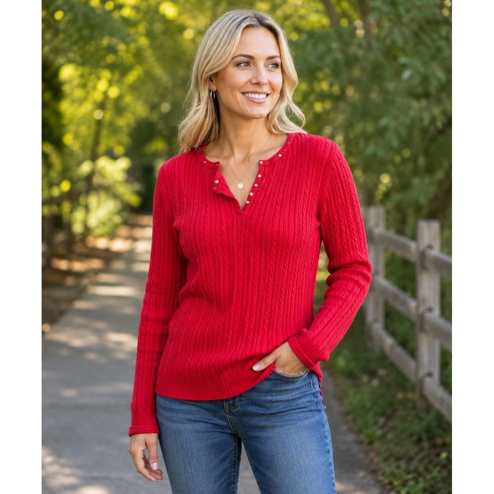 Red Cable Knit Snap Henley Sweater Long Sleeve Cotton Blend Small